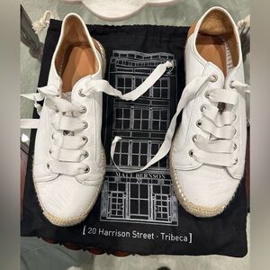 Matt Bernson White Leather Espadrille-Trim Sneakers with Ribbon Laces